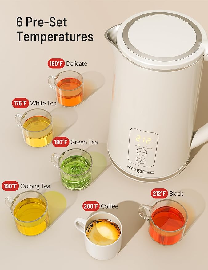 PARIS RHÔNE Electric Kettle Temperature Control, 1.7L Electric Tea Kettle Water Boiler, 4H Keep Warm with 6 Presets, LED Screen Electric Kettles for Boiling Water, Boil-Dry Protection, BPA Free