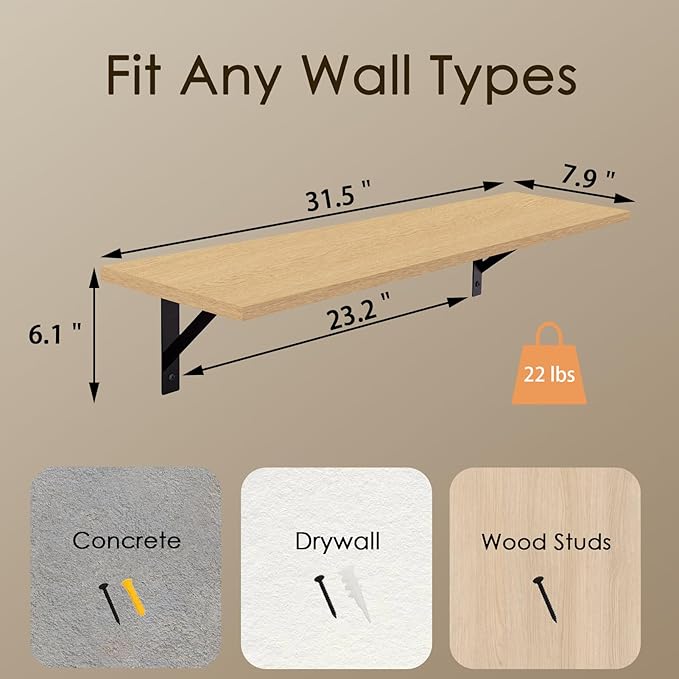 DINZI LVJ Long Wall Shelves, 31.5 Inch Wall Mounted Shelves Set of 2, Easy-to-Install, Wall Storage Ledges with Sturdy Metal Brackets for Living Room, Bathroom, Bedroom, Kitchen, Natural