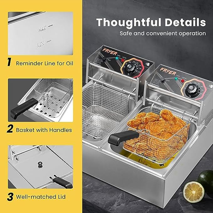 VIVOHOME 110V 20.7 Qt Commercial Electric Deep Fryer with 2 x 6.35 QT Removable Baskets, Overheat Protection