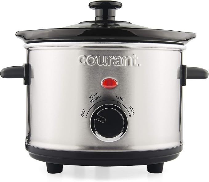 Courant Small Slow Cooker 1.6 QT, 3 Heat Settings, Removable Ceramic Pot" Easy Clean, Dishwasher Safe, Mini Slow Cooker, Stainless Steel