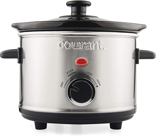 Courant Small Slow Cooker 1.6 QT, 3 Heat Settings, Removable Ceramic Pot" Easy Clean, Dishwasher Safe, Mini Slow Cooker, Stainless Steel