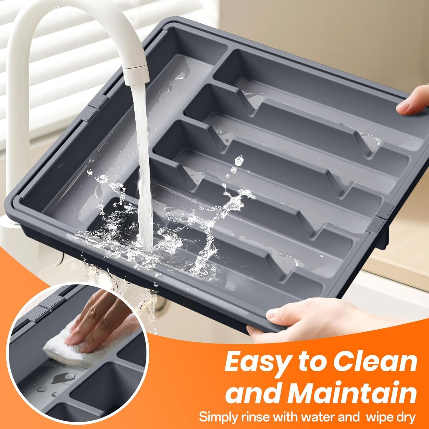 Large Silverware Organizer,Expandable Utensil Drawer Organizer,BPA Free Utensil Holder,Adjustable Silverware Tray Cutlery Drawer Organizer for Kitchen Flatware,Large,Grey (6-8 Slots)