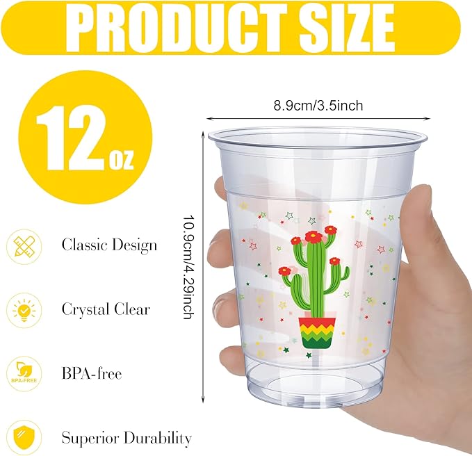 meekoo 100 Pack 12 oz Fiesta Cups Plastic Mexican Cups Clear Disposable Mug Cinco De Mayo Party Decorations for Fiesta Taco Birthday Party Drinkware Supplies, 4 Styles