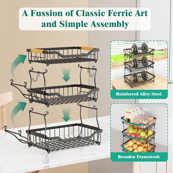 Giwil 3 Tier Countertop Fruit Basket for Kitchen, Vegetable Storage Bread Fruit Bowl Stand with 2 Banana Hooks, Wall Mounted Metal Wire Basket Organizer for Potato Onion, Black
