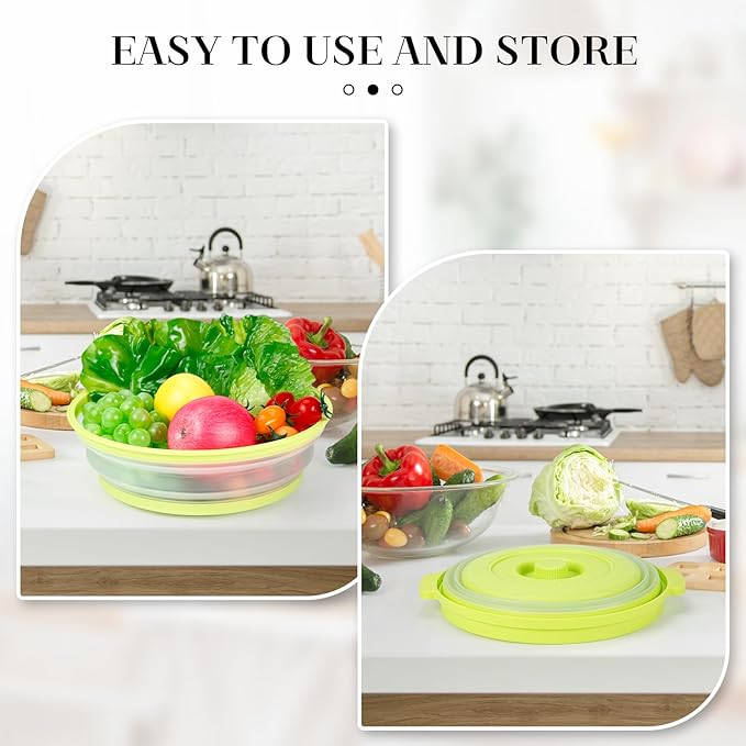 10.7 Inch Microwave Food Cover with Heat Insulation Mat, Anti-Scald Collapsible Microwave Splatter Cover, Multi-Functional as Colander & Fruit Plate, Dishwasher Safe, Ideal for Meal Prep (Green)