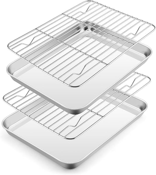 E-far Small Baking Sheet with Wire Rack (2 Pans + 2 Racks), Stainless Steel Cookie Sheets Trays & Cooling Rack for Toaster Oven, Non Toxic & Warp Resistant, Oven & Dishwasher Safe, 10.5 x 8.3 x 1 Inch