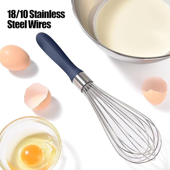 18/8 Stainless Steel Balloon Whisk, Doosu Kitchen Whisk for Cooking Handheld Egg Beater with Rust-Proof Sturdy Wires & Non-Slip Silicone Handle for Beating, Stirring, Blending (8 Wires, Navy Blue)