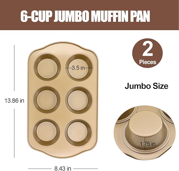 Jumbo Muffin Pan 2 Pack, Nonstick Large Cupcake Pan 6 Cup, Heavy Duty 0.5mm Thick Steel Big Muffin Tins for Baking, 3.5inch Dia, Gold