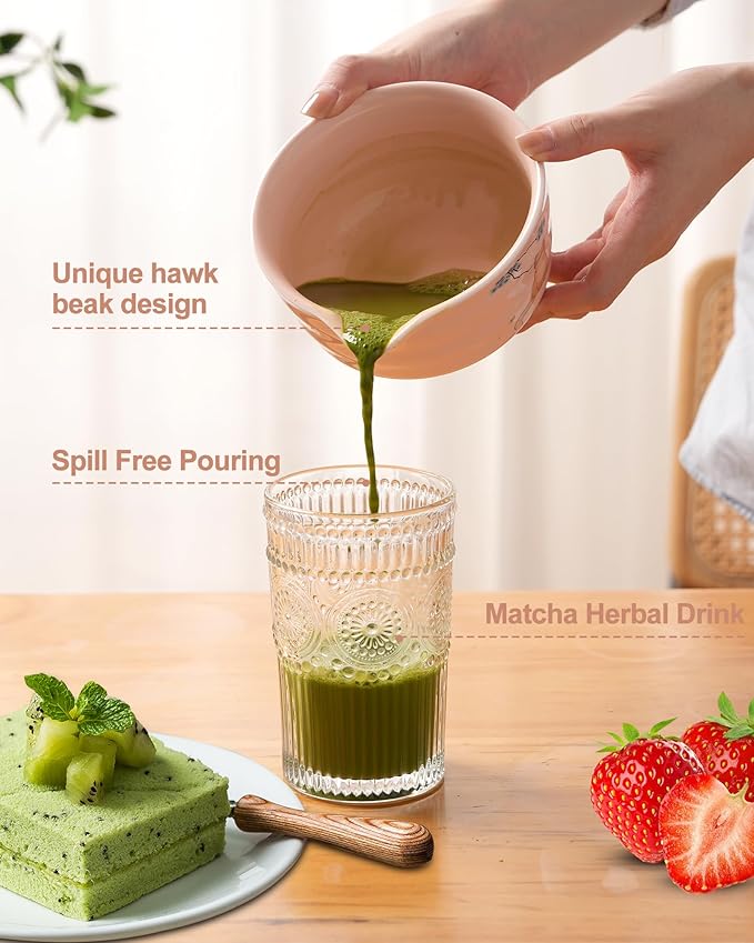 Matcha Whisk Set, Ceramic Matcha Set Includes Matcha Bowl, Matcha Whisk and Holder, Bamboo Scoop, Scoop Rest, Sifter and Tea Towel - 7 Pcs Matcha Kit(Pink)