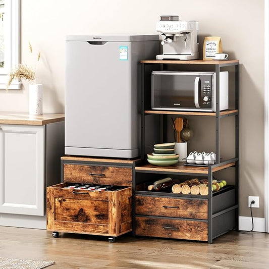 Mini Fridge Stand with Wine Rack, Kitchen Bakers Rack with Power Outlet, Microwave Oven Stand, Coffee Bar, Movable Drawers, for Dorm,Office, Brown HB04BXN