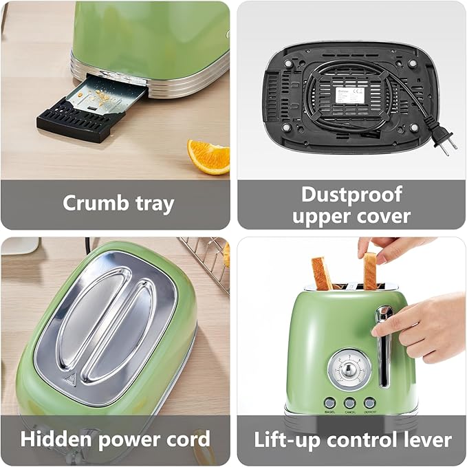 Green Cute Retro Toaster 2 Slice with 1.58" Wide Slots, with Stainless Steel Lid, with Warming Rack, Preheat, Defrost, Countdown Timer Display