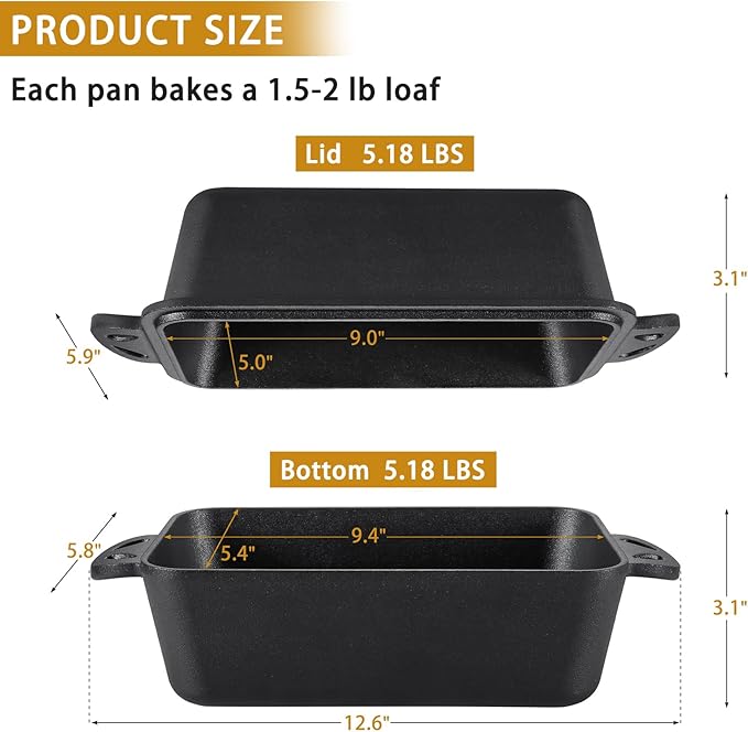 Cast Iron Loaf Pan with Lid 9x5 Inch - Bread Baking Pans for Homemade Bread, 2 Piece Set