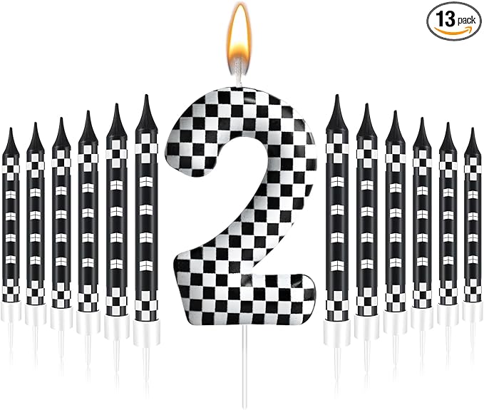13 Pcs Racing Cars Themed Birthday Candles Black and White Race Number 2 Checkered Candle Cake Topper for Racing Car Party Decoration Supplies (Number 2)