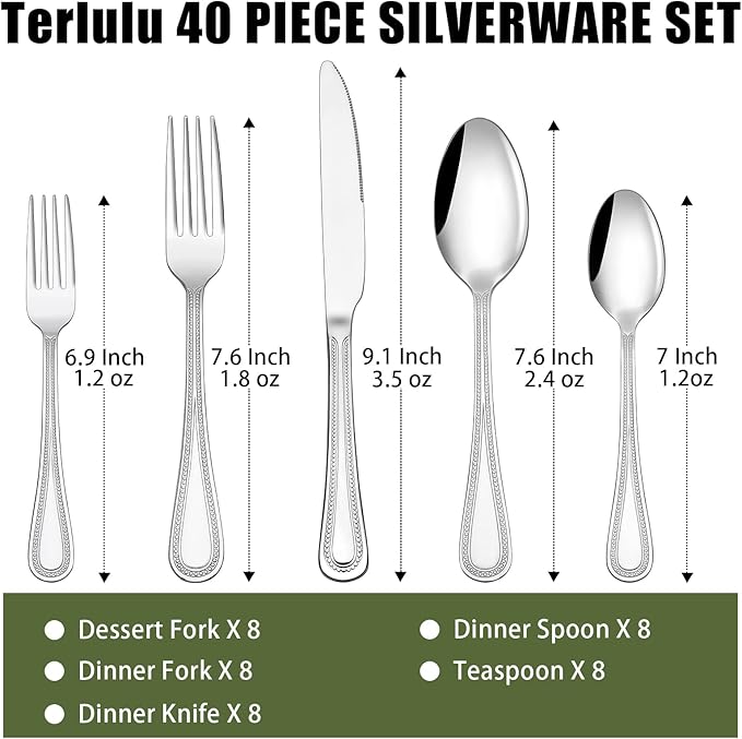 40 Piece Silverware Set for 8, Terlulu Stainless Steel Flatware Set, Mirror Polished Cutlery Set Utensil Set, Tableware Include Forks Spoons Knives for Home Restaurant, Beaded Handle, Dishwasher Safe