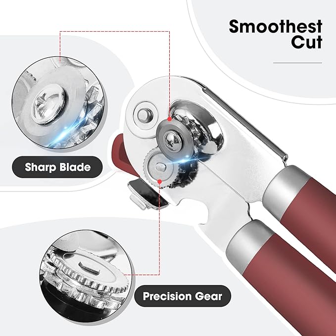 Beneno Can Opener Manual with Magnet, Hand Held Heavy Duty Can Opener with Durable Sharp Blade Smooth Edge, Big Effort-Saving Knob, Soft Grip Rubber Handle, Multifunctional Bottle Opener, Red