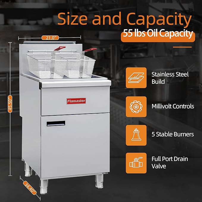 Commercial Gas Floor Fryer with 2 Baskets, 150000 BTU Propane Fryer - Only Commercial Use, 5 Heating Tubes, 80 lb Capacity Deep Fryer for Restaurants, Fast Food, Food Trucks