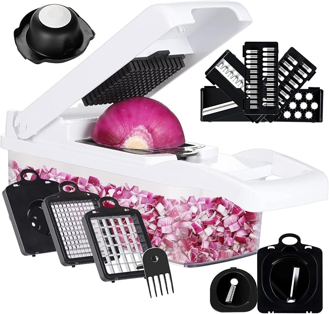 KEOUKE Vegetable Chopper Mandoline Slicer Pro - 16 in 1 Interchangeable Blades Food Chopper with Container, Hand Guard & Drainer, Veggie Dicer Spiralizer Kitchen Gadget for Onion, Cucumber, Fruit