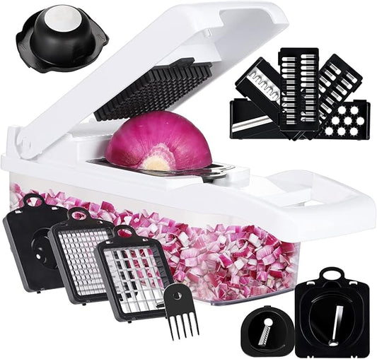 KEOUKE Vegetable Chopper Mandoline Slicer Pro - 16 in 1 Interchangeable Blades Food Chopper with Container, Hand Guard & Drainer, Veggie Dicer Spiralizer Kitchen Gadget for Onion, Cucumber, Fruit