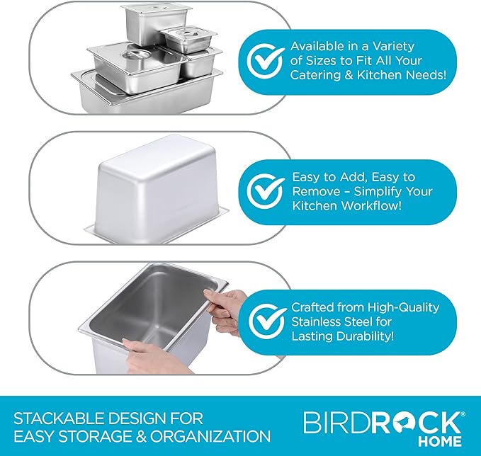 BIRDROCK HOME Stainless Steel Steam Table Pan - Hotel, Restaurant & Catering Supplies - 24 Gauge Steel, 4.3 qt Capacity - Meal Prep, Cooking, & Food Storage Container - 6" Depth, 1/4-Size (6 Pack)