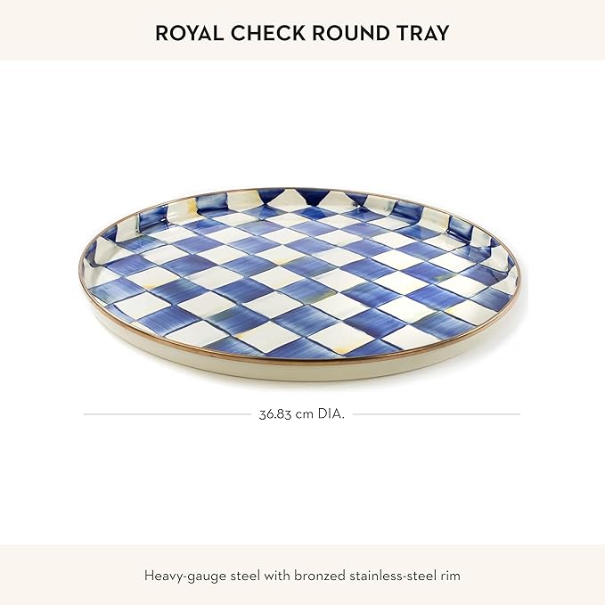 MACKENZIE-CHILDS Enamel Round Tray, Unique Serving Platter for Food and Drinks, Blue-and-White Royal Check