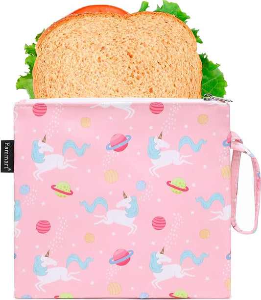 Reusable Sandwich Bag/Snack Bag for Kids & Adults, Dual Layer Lunch Bag with Handle, Washable, Food Safe, BPA Free (1-Pack, Planet Unicorn)