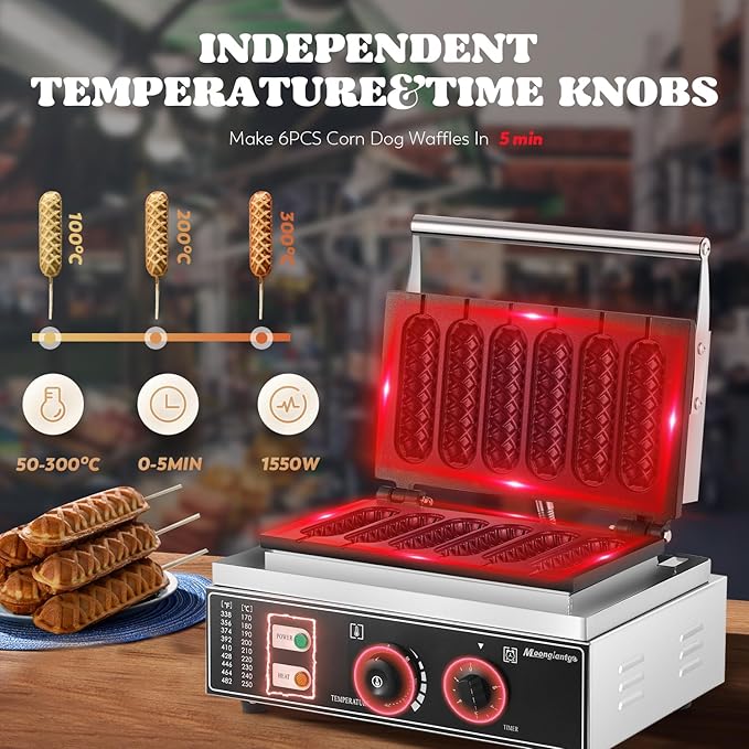 Moongiantgo Commercial Corn Dog Waffle Maker Machine 6 PCS 1550W Hot Dog Cheese Stick Press Iron, 50-300℃ Temp Control, 5-min Timer French Muffin Cooker 110V