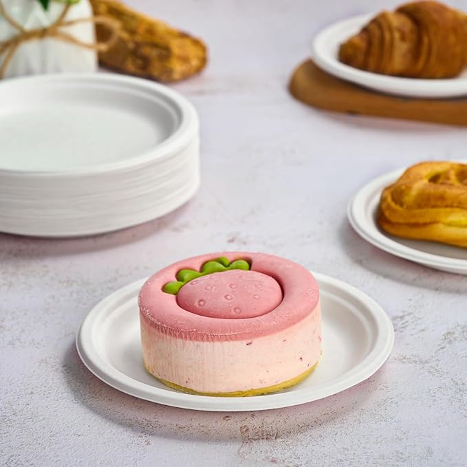 Vplus 350 Pack Paper Plates 7 inch 100% Compostable, Heavy-Duty Disposable Paper Plates Bagasse Natural Biodegradable Eco-Friendly Sugarcane(White)