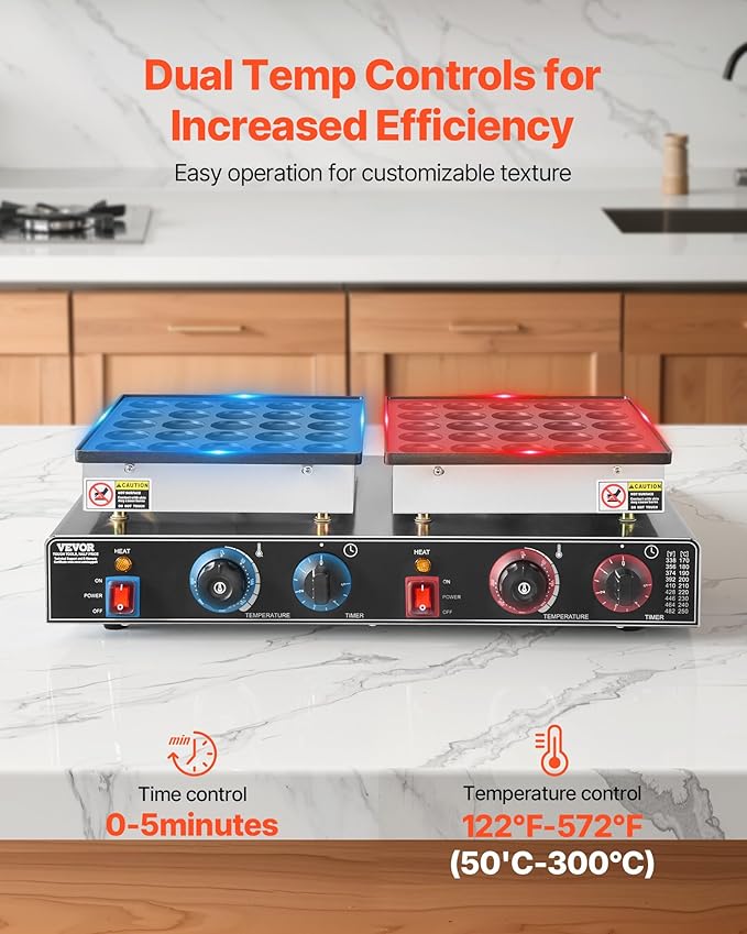 VEVOR 50PCS Mini Dutch Pancake Maker, Non-stick Stainless Steel Dorayaki Baker, 1800W Commercial Electric Poffertjes Grill Pan, Dual Temp & Time Control, for Kitchen Restaurant Breakfast Dessert