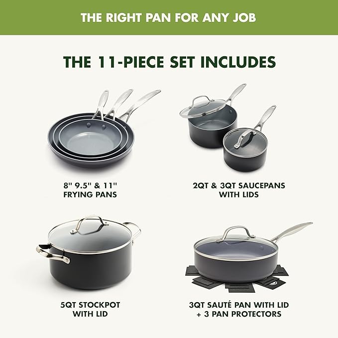 GreenPan 11 Piece Valencia Pro Ceramic Nonstick Cookware Set, PFAS-Free, Induction Ready, Hard Anodized Pots & Pans with Lids, Compatible on All Cooktops, Dishwasher & Oven Safe, Gray