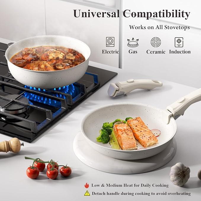 22-Piece Pots and Pans Set Non Stick with Removable Handles, Ceramic Cookware Set, Large-Capacity & Non Toxic, Induction & RV Compatible, Dishwasher Safe, PFAS/PTFE/PFOA Free, White