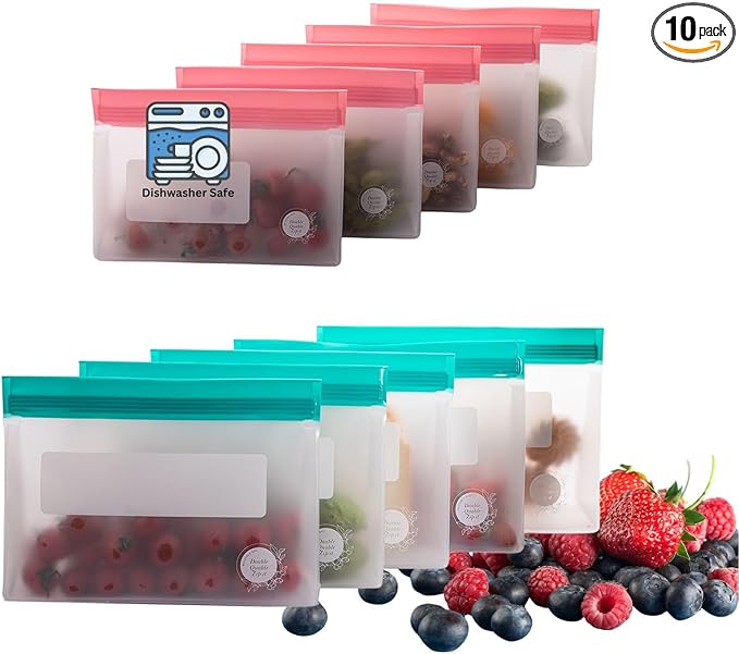 Reusable Silicone Food Storage Bags – 10-Pack Stand-Up, BPA-Free, Freezer, Dishwasher Safe, & Eco-Friendly– 5 L, 5 M Bags – Airtight Leakproof Sandwich, Snack, Travel & Make-Up baggies (Multicolor)