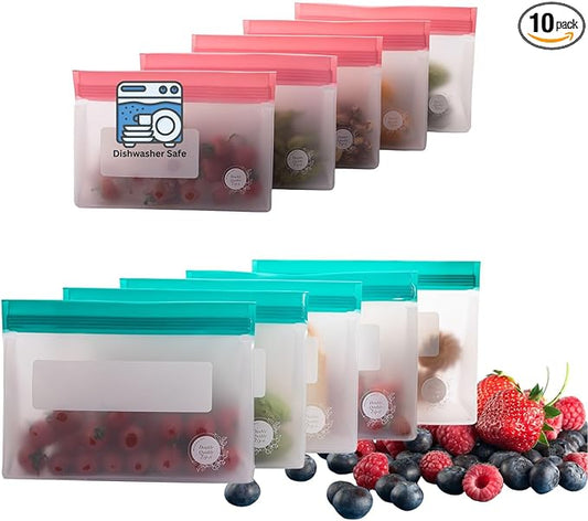 Reusable Silicone Food Storage Bags – 10-Pack Stand-Up, BPA-Free, Freezer, Dishwasher Safe, & Eco-Friendly– 5 L, 5 M Bags – Airtight Leakproof Sandwich, Snack, Travel & Make-Up baggies (Multicolor)