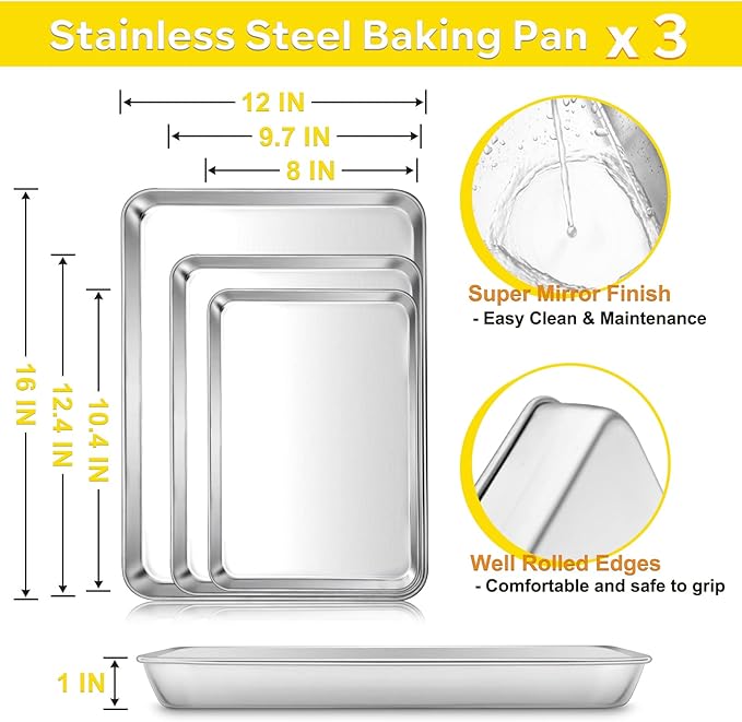 E-far Baking Cookie Sheet Pan Set of 3, 16/12.4/10.4 Inch, Stainless Steel Baking Pans Set for Oven, Rectangle Baking Tray for Cooking Roasting, Non Toxic & Easy Clean, Dishwasher Safe