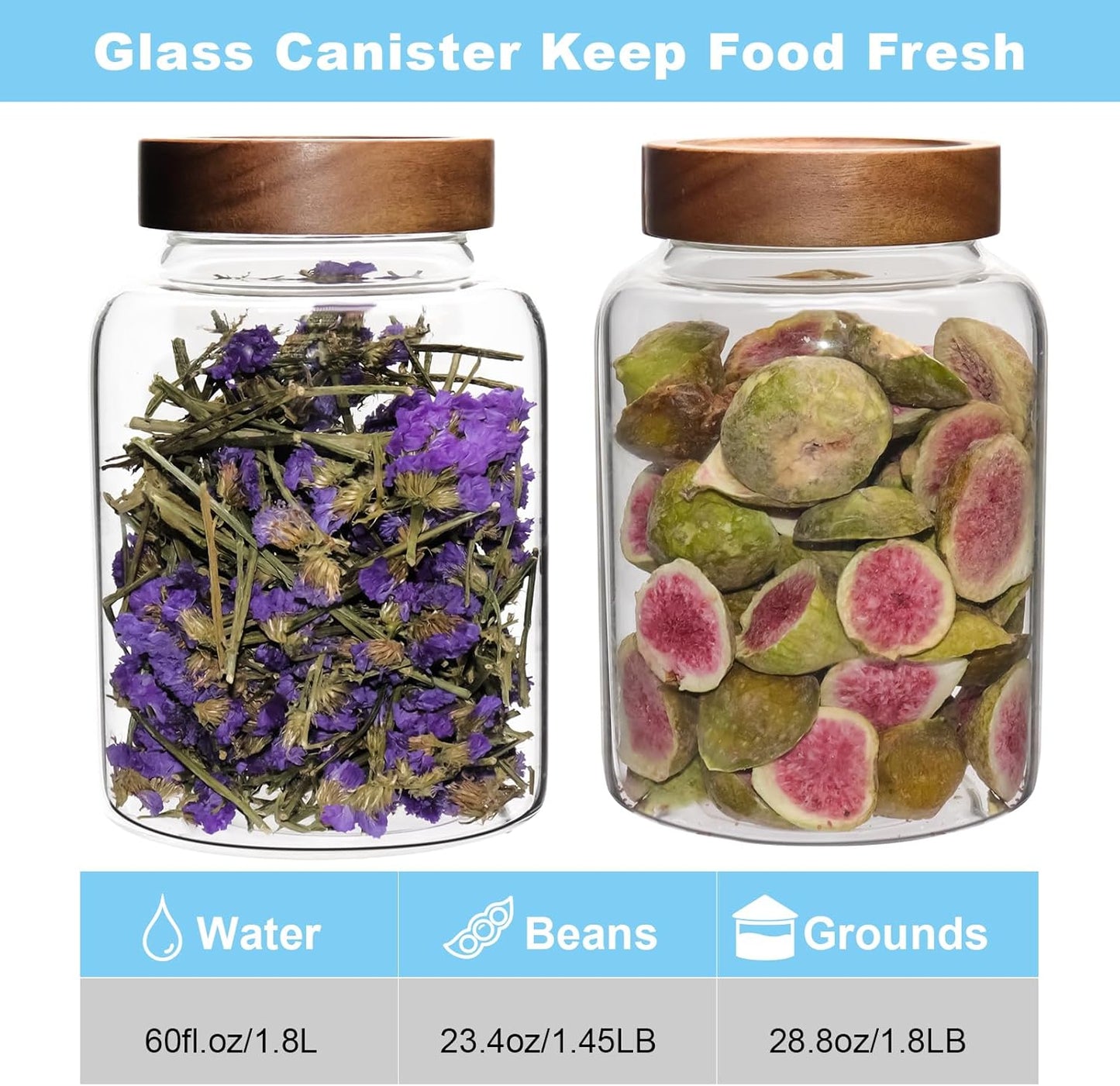 Glass Coffee Jars Spice Jar Round Storage Canister with Wooden Lid Clear Glass Food Jar for Pantry Sugar Tea Coffee Bean Spice Nuts Cookies Bath Salts (1800ml/60oz-2PACK（with spoon))