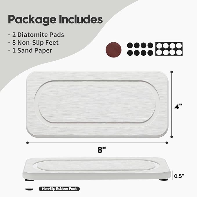 2Pack Water Absorbing Stone Tray for Sink, Diatomite Drying Coasters for Kitchen & Bathroom Counter, Kitchen Soap Dish Makeup Caddy, Dispenser Sponge Holder Space Organizer, White - 8"x 3.8"