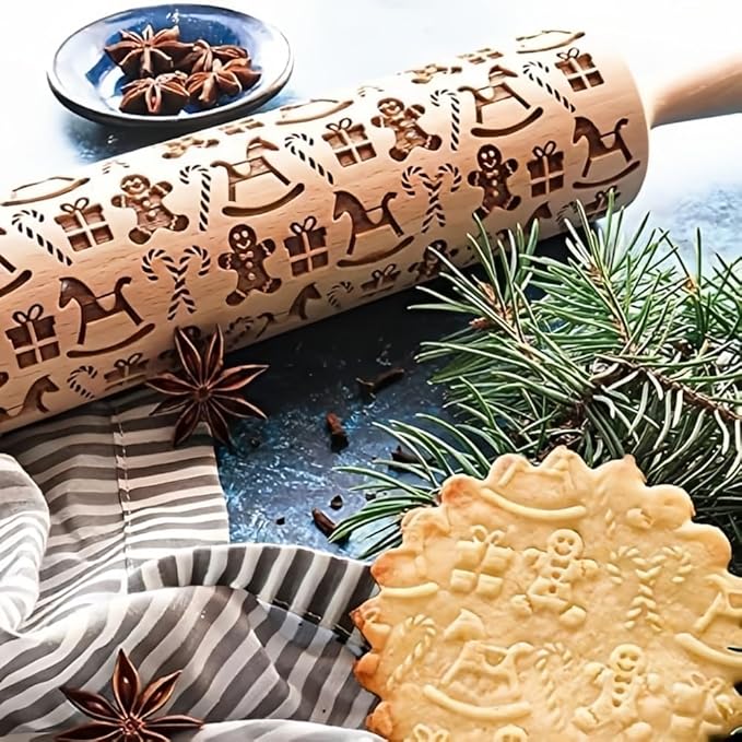 Christmas Wooden Rolling Pin for Baking,Engraved Embossing Rolling Pin Cookie Stamps Roller Square Grid Cookies Mold Kitchen Decor Tools for Kids Adults(Gingerbread Man)