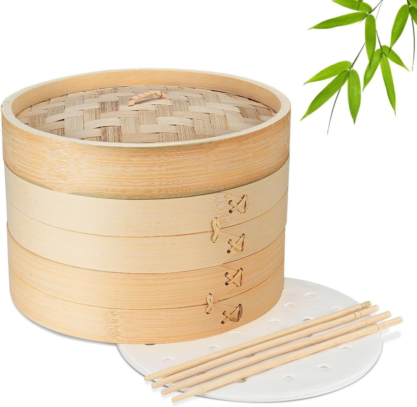 Flexzion Bamboo Steamer Basket Set (10 inch), 50 x Steamer Liners and 2 Pairs of Chopsticks, Steam Baskets for DimSum Dumplings, Rice, Vegetables, Fish and Meat