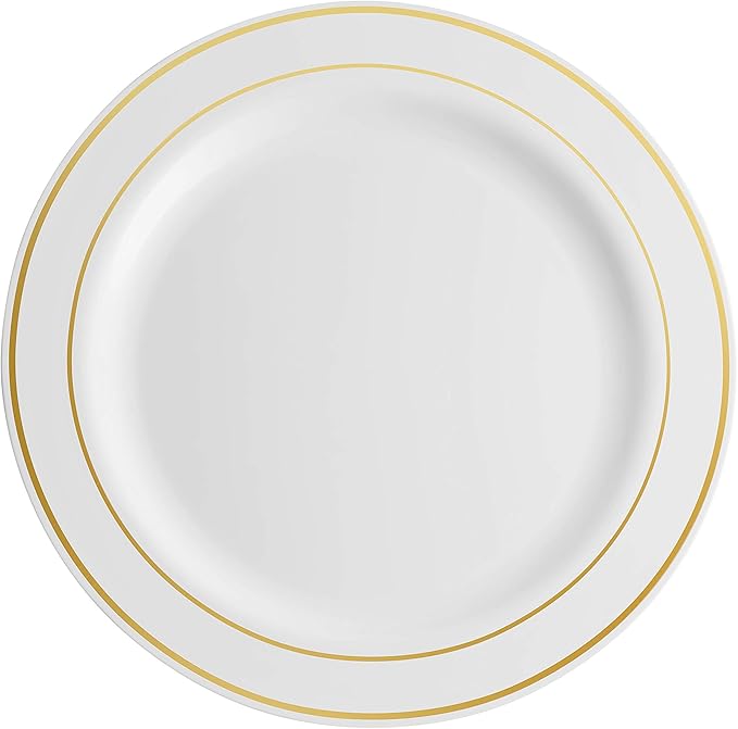 Munfix 100 Piece Plastic Party Plates White Gold Rim, 50 Premium Heavy Duty 10.25 Inch Dinner Plates and 50 Disposable 7.5 Inch Dessert Appetizer Elegant Fancy Heavy Duty Wedding Plates