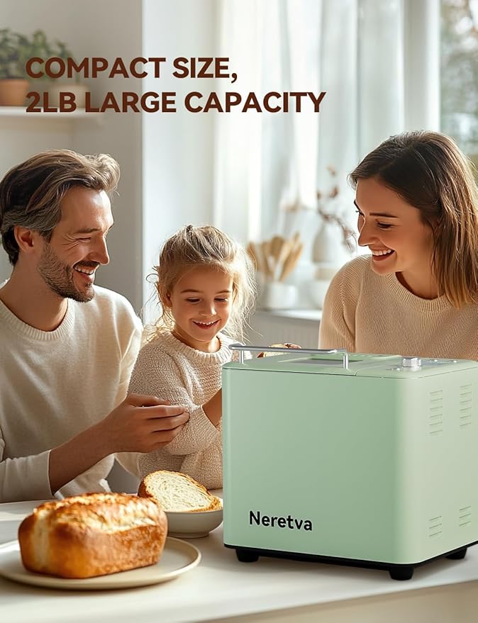 Neretva 20-IN-1 Bread Maker, Dual Heater 2LB Bread Machine Stainless Steel Bread Maker Machine Nonstick Ceramic Pan Compact for Gluten Free/Sourdough/Whole Wheat Bread/Yogurt, Breadmaker-Light Green