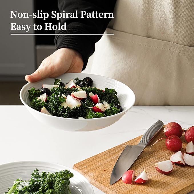 Y YHY 26 Ounces Porcelain Pasta Salad Bowls, White Soup Bowl Set, Wide and Shallow, Set of 6, Spiral Pattern, Christmas Thanksgiving