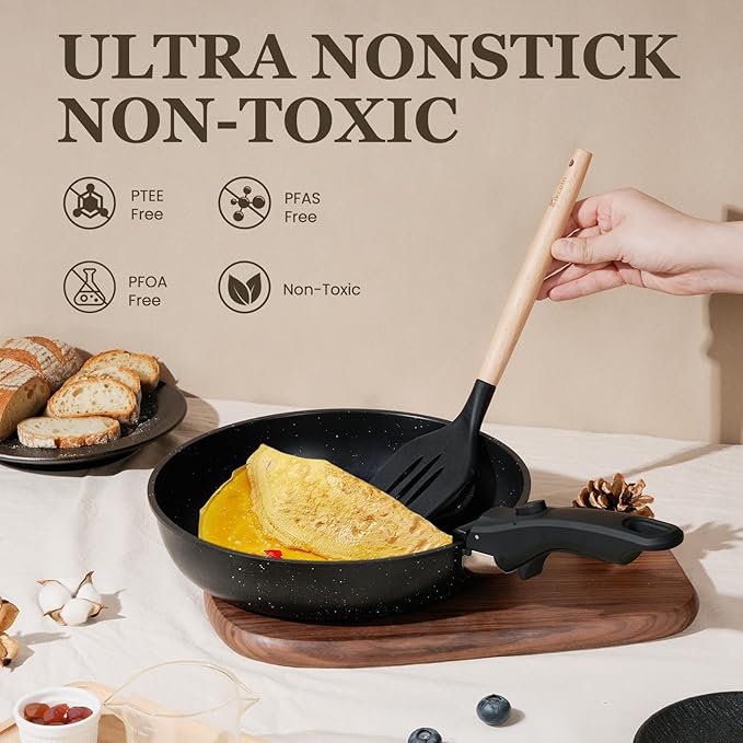 KIKCOIN Pots and Pans Set, 30 Pack Nonstick Cookware Set Detachable Handle, Induction RV Kitchen Cooking Set with Removable Handle, Frying Pans, Casserole - Dishwasher/Oven Safe, PFOA Free