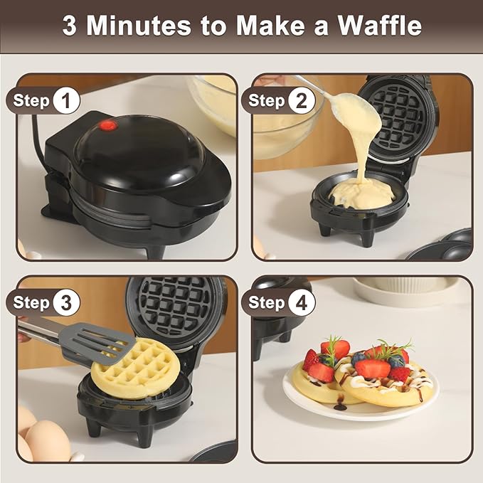 Mini Waffles Maker with 6 Removable Plates, 3 in 1 Small Waffle Maker Mini- Waffle, Heart Waffle, Donut, 4.5" Non Stick Waffle Iron for Kids and Families, Black