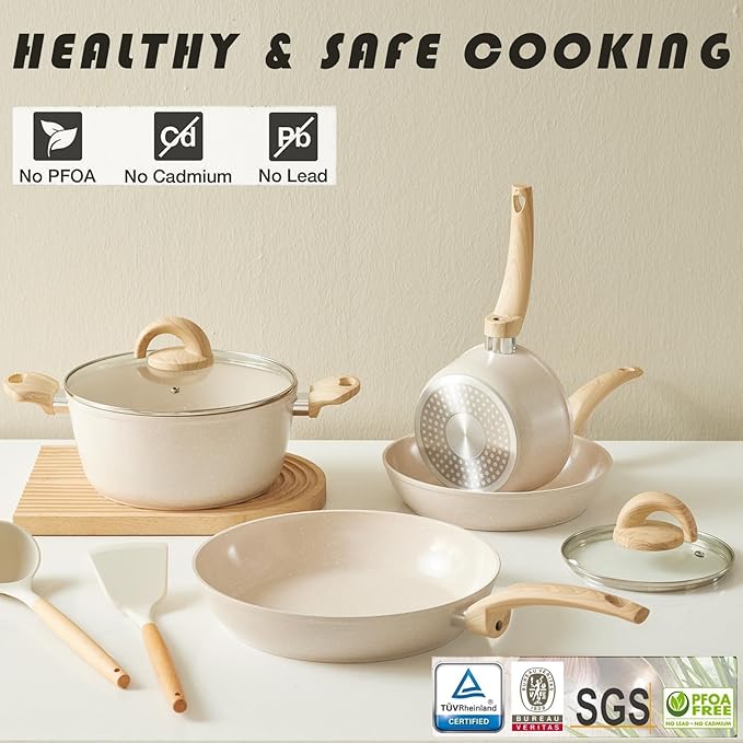 Non Stick Pots and Pans Set, Healthy Ceramic Cookware Set, 12pcs Kitchen Cooking Pots and Frying Sauce Saute Pans Set, PFAS-Free with Kitchen Utensils and Lid, Tan