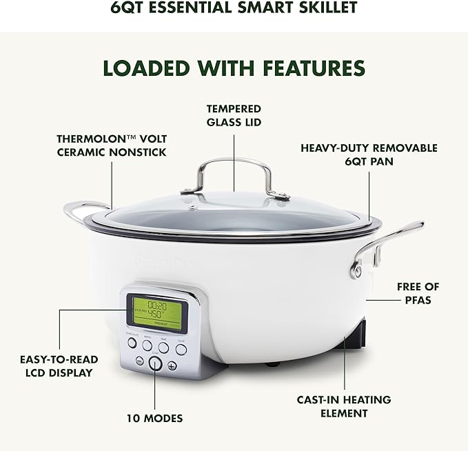 GreenPan Elite Essential Smart Electric 6QT Skillet Pot,Sear Saute Stir-Fry and Cook Rice, Healthy Ceramic Nonstick and Dishwasher Safe Parts, Easy-to-use LED Display, PFAS-Free, Cream White