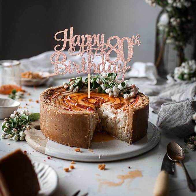 1 PCS Happy 80th Birthday Cake Topper Glitter Cheers to 80 Years Birthday Cake Pick 80 Fabulous Cake Decoration for Happy 80th Birthday Theme Party Decorations Supplies Rose Gold