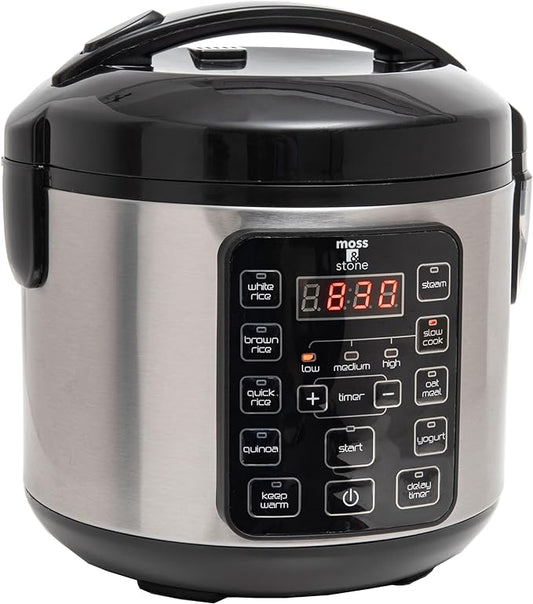 Moss & Stone - Small Digital Electric Rice Cooker, 4-8 Cups, 10 Preset Settings, Brown and White Rice Steamer, Slow Cooker with Steamer for Vegetables, Pot