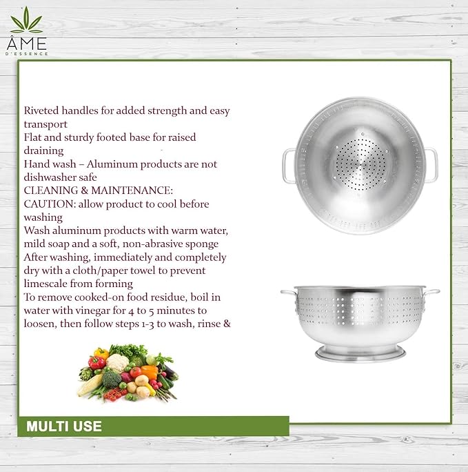 (16-QT) Aluminum Colander with Handles and Base Heavy Duty Commercial Grade