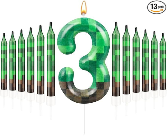 13 Pcs Dynamite Themed Birthday Candles & Number 3 Candle Topper for Pixel Theme Parties