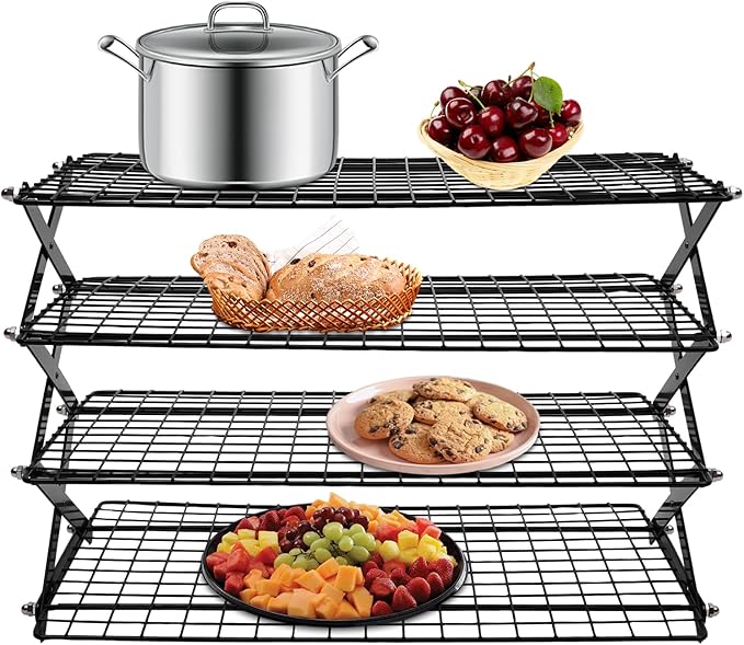 4-Tier Collapsible Cooling Rack – 16" x 10" Adjustable Stackable Non-Stick Wire Rack for Baking, Roasting, Cookies, Cakes, Drying, Picnic & BBQ, Each Tier Holds 22 Lbs