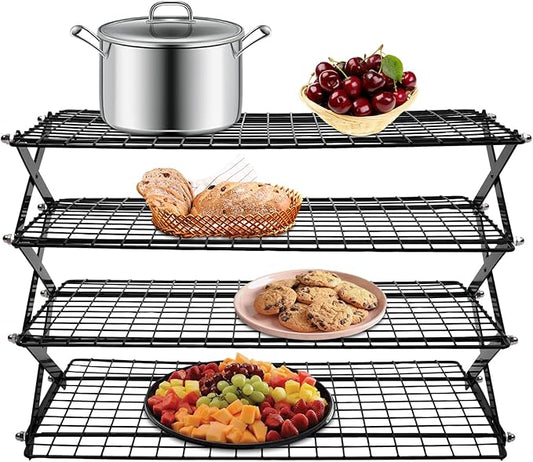 4-Tier Collapsible Cooling Rack – 16" x 10" Adjustable Stackable Non-Stick Wire Rack for Baking, Roasting, Cookies, Cakes, Drying, Picnic & BBQ, Each Tier Holds 22 Lbs